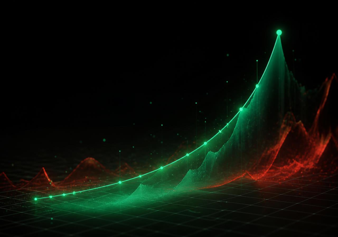 Equity curve compounding upward over a neon cityscape