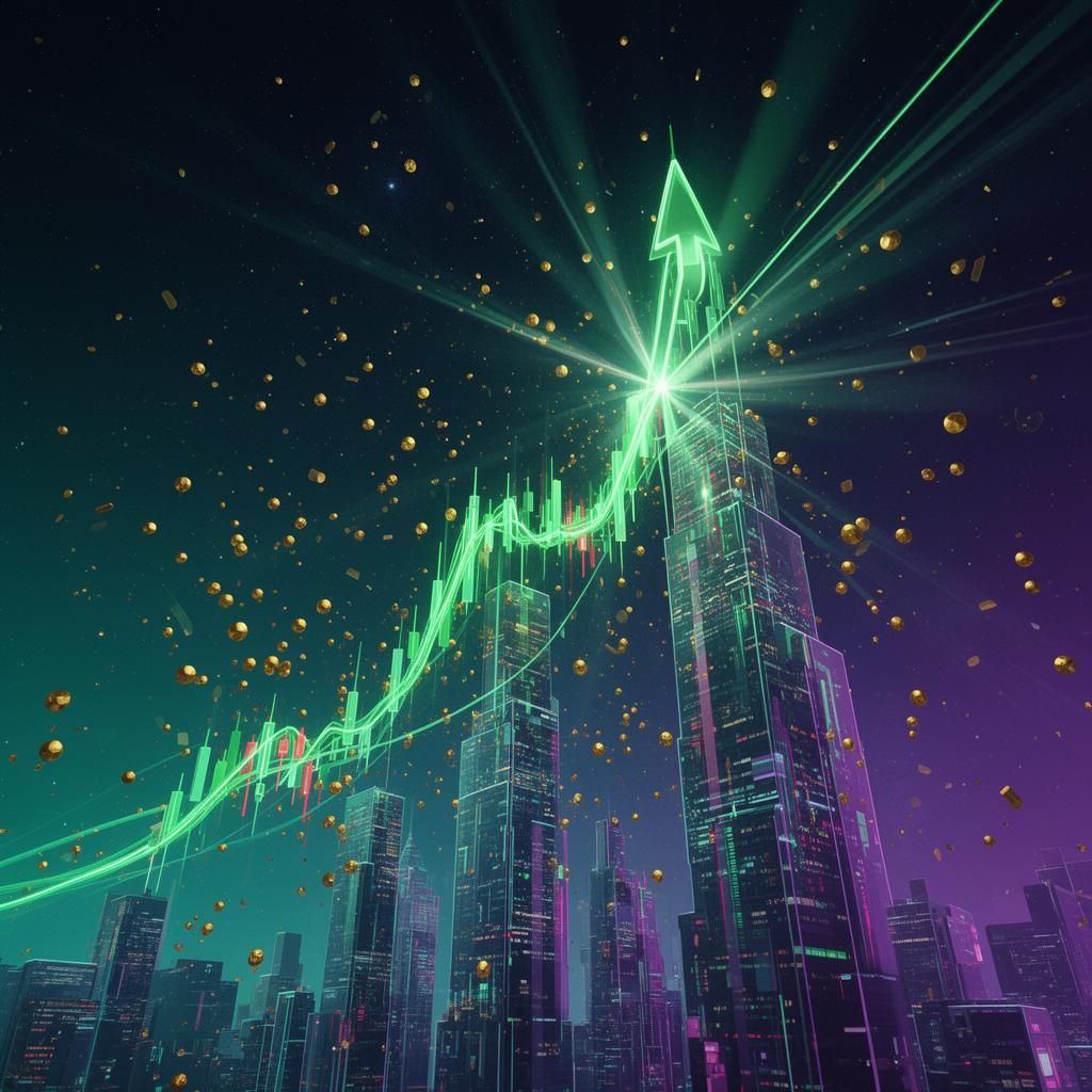 Equity curve compounding upward over a neon cityscape